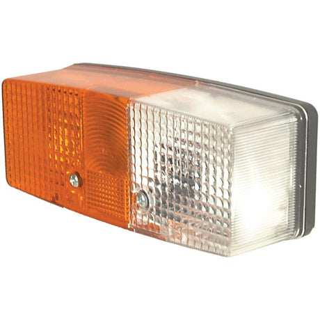 Close-up of a rectangular Sparex Front Combination Light (Halogen), model S.56138, with an amber section on the left and a clear section on the right, featuring textured surfaces and a black backplate. This 12/24V RH straight halogen position indicator offers optimal visibility and stylish design.