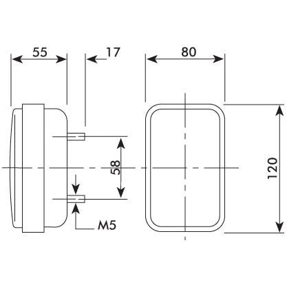 Technical drawing of the Front Combination Light (Halogen), 12V, RH & LH, Straight - S.56139 by Sparex. The rectangular object has dimensions of 120mm height, 80mm width, and 55mm depth, featuring a central hole with a 58mm diameter. Additionally, the side view illustrates a 17mm protrusion and an M5 threaded hole, making it ideal for integration with Hella halogen systems.