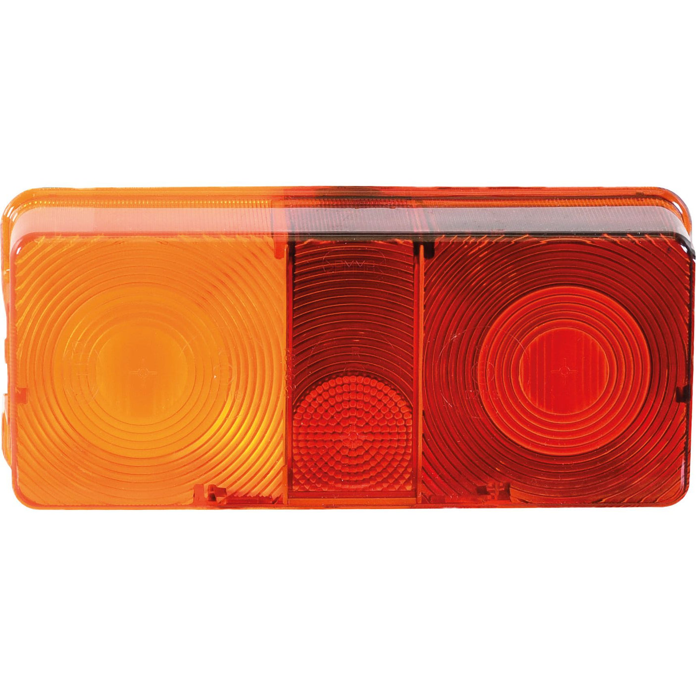 A Sparex Replacement Lens, fitting S.56235 models perfectly, is a Hella E Approved rectangular vehicle tail light featuring three sections: the left in orange, the center in red with a small circular pattern, and the right in red rings.