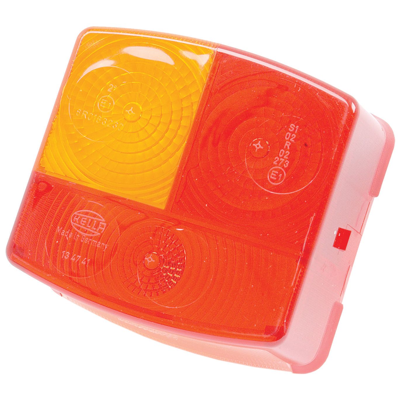 A plastic automotive rear left tail light lens with red and amber sections, featuring circular patterns. This Sparex replacement lens (S.56155), fitting S.56081, is Hella E Approved and made in Germany.