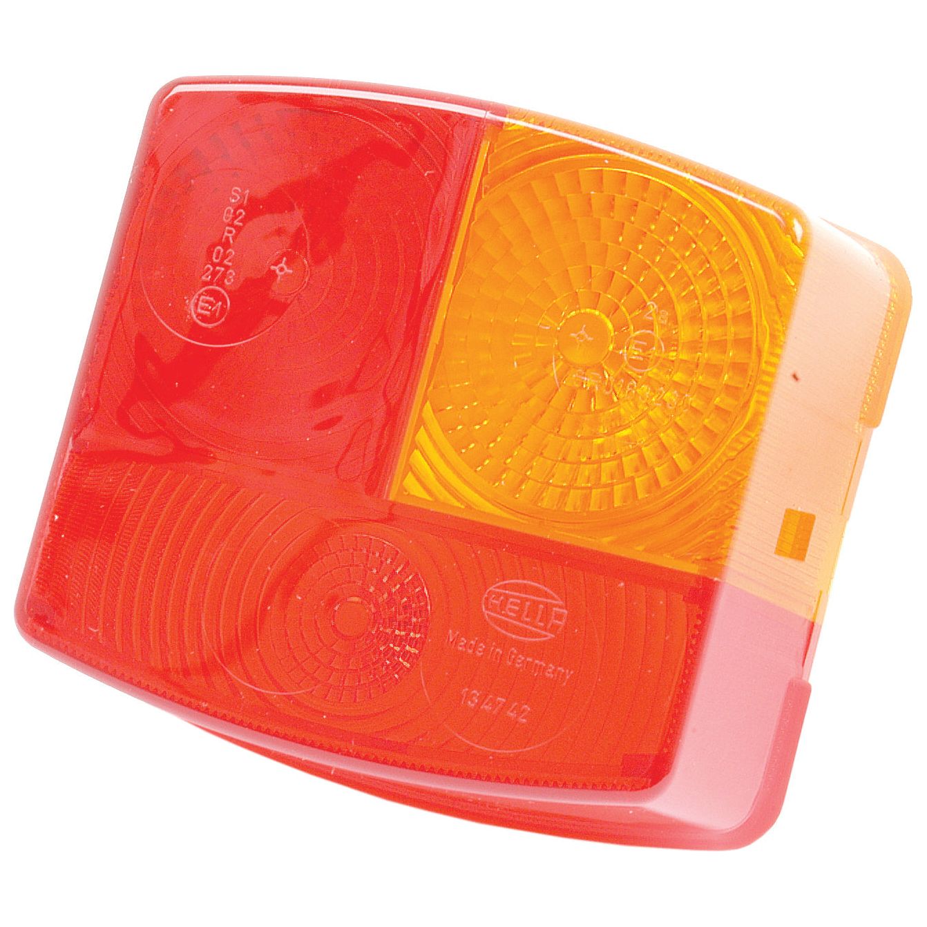 Close-up of a rectangular, two-toned red and amber vehicle tail light with visible circular patterns and Hella E Approved manufacturer markings on the lens, identified as the Replacement Lens by Sparex, Part No. S.56156, designed to fit S.56082.