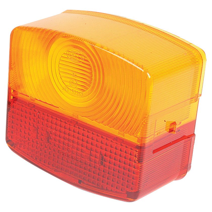 An amber and red bicycle reflector light with a rectangular shape and textured surface, perfect as a Sparex replacement lens for your rear right light. Product Name: Replacement Lens, Fits: S.56084 & S.56088 | Sparex Part No.S.56158