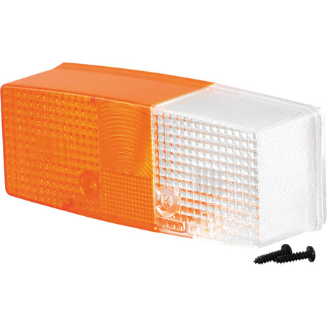 Introducing the Sparex Replacement Lens (Part No. S.56199), designed to fit S.56138 models. This rectangular orange and clear car light lens is made of durable polycarbonate with a textured surface, and it comes with two black screws for easy installation. Compatible with Hella models, this replacement lens ensures both longevity and clarity for your vehicle's lighting needs.
