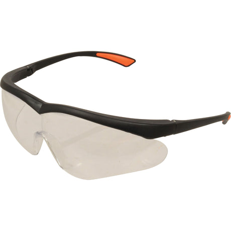 A pair of Safety Goggles | Sparex Part No.S.56200 featuring clear lenses and black and orange frames, identified under tariff code 9004901000.