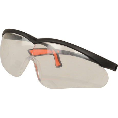 Introducing the Sparex Safety Goggles (Part No. S.56200), featuring a sleek black frame with vibrant orange accents on the arms. Designed to provide superior eye protection, these goggles are compliant with tariff code 9004901000.