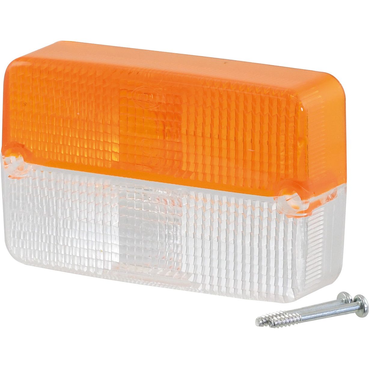 The Replacement Lens by Sparex (Part No. S.56205), designed to fit models S.56139 and S.56122, features an orange and white rectangular front light with a transparent polycarbonate textured surface, accompanied by a silver screw.
