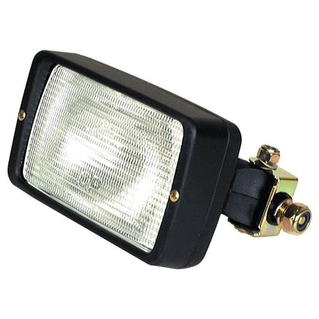 A rectangular black Sparex Work Light (Halogen), model S.56230, with a clear lens and a golden mounting bracket is shown. This light source is designed for attachment to vehicles or machinery to provide illumination in work areas, featuring an IP5K4K rating for enhanced durability.