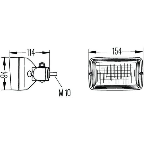 Technical drawing of a rectangular Sparex Work Light (Halogen), RH & LH, 12/24V - S.56230 with dimensions. Front view width is 154mm, height is 94mm, and side view depth is 114mm. The fixture, designed with an IP5K4K Rating for durability, has an M10 threaded hole.