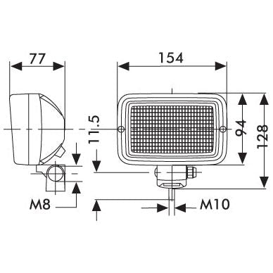 Technical drawing of the Halogen Work Light Rectangular RH & LH - 12/24V (55/70W) - S.56231 by Sparex, with specified dimensions in millimeters: length 154, width 128, height 111.5, side depth 77, and mounting bolts M8 and M10.