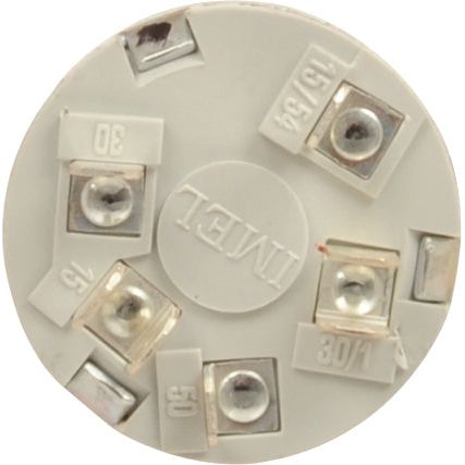 Close-up view of a round electronic component with metallic connectors labeled with numbers and the word "Intel" on its surface, resembling the intricate design of a Sparex Ignition Switch (Part No. S.56239).