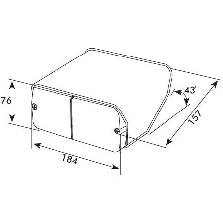 Technical line drawing of a rectangular object with dimensions labeled: 184mm width, 157mm depth, 76mm height, and a top angle of 43 degrees—ideal for fitting components such as the Sparex Rear Combination Light (Halogen), Brake / Tail / Indicator, LH, 12V - S.56285.