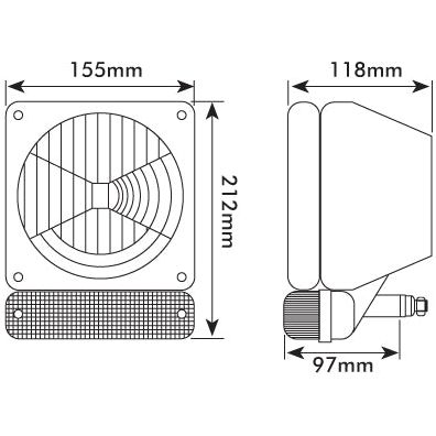 Technical drawing illustrating front and side views of the Front Combination Light (Halogen), 12V, RH & LH, Straight - S.56299 by Sparex, including measurements: 155mm width, 212mm height on the front view, and 118mm depth, 97mm width on the side view. The light boasts an IP65 rating for superior protection.