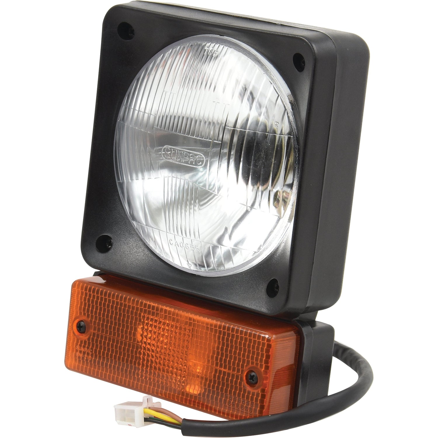 Close-up of the Sparex Front Combination Light (Halogen), 12V, RH & LH, Straight - S.56299, showcasing its square combination headlight design with an amber signal light and a halogen bulb. The unit includes a connecting cable and plug, ensuring durability with its IP65 rating for water and dust resistance.