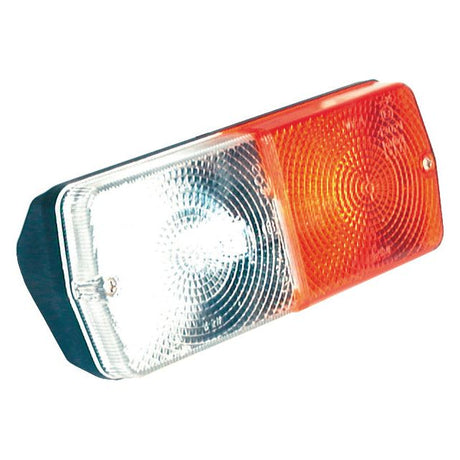 The Front Combination Light (Halogen), 12V, RH, Straight - S.56366 by Sparex is a rectangular vehicle taillight featuring two sections; the left side has a clear textured polycarbonate lens, and the right side has an amber textured polycarbonate lens.