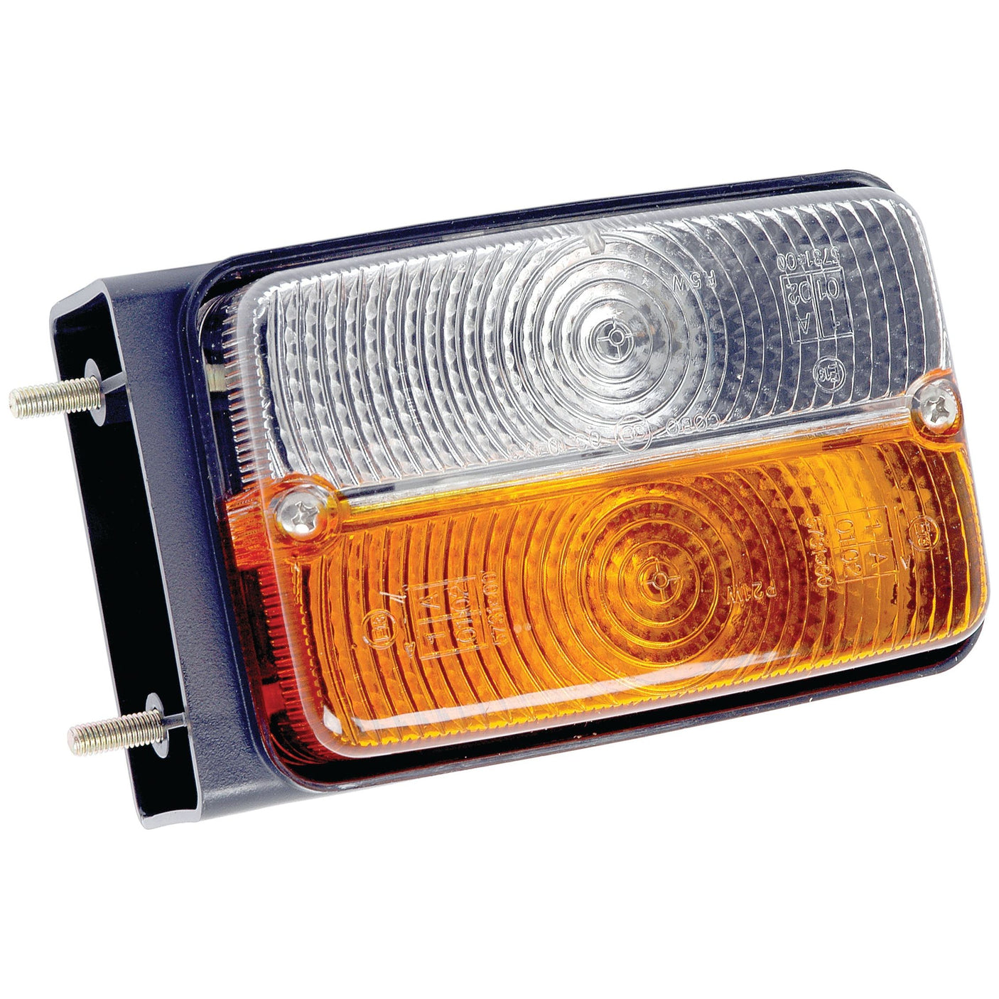 The Sparex Front Combination Light (Halogen), 12V, RH, Straight - S.56368 is a rectangular vehicle light with a clear upper section and an amber lens lower section, designed with two mounting screws on the left side.