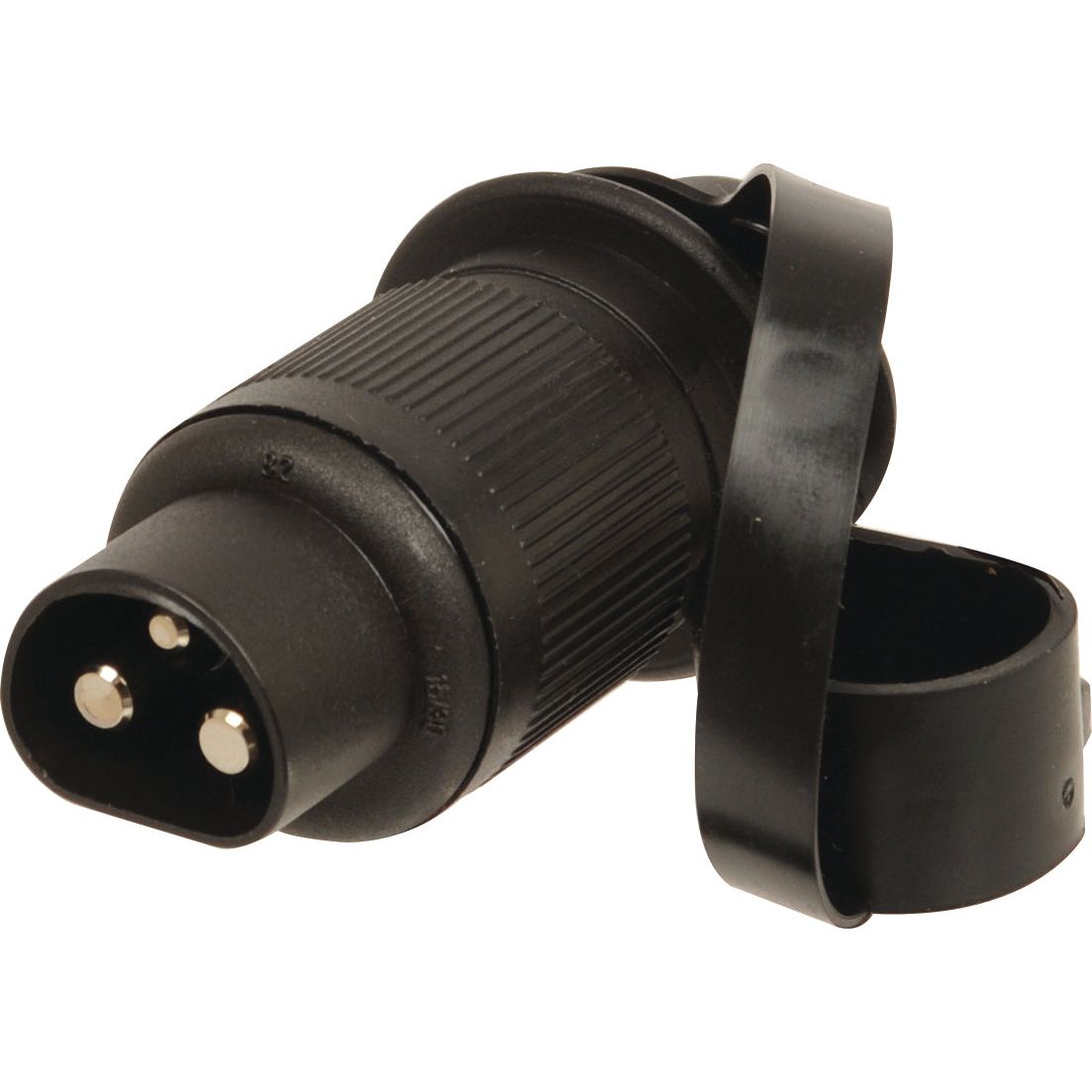 A plastic 3-pin auxiliary male plug, compatible with 12V and 24V systems, featuring a protective rubber cover, from the Sparex brand (Product Name: S.56376).