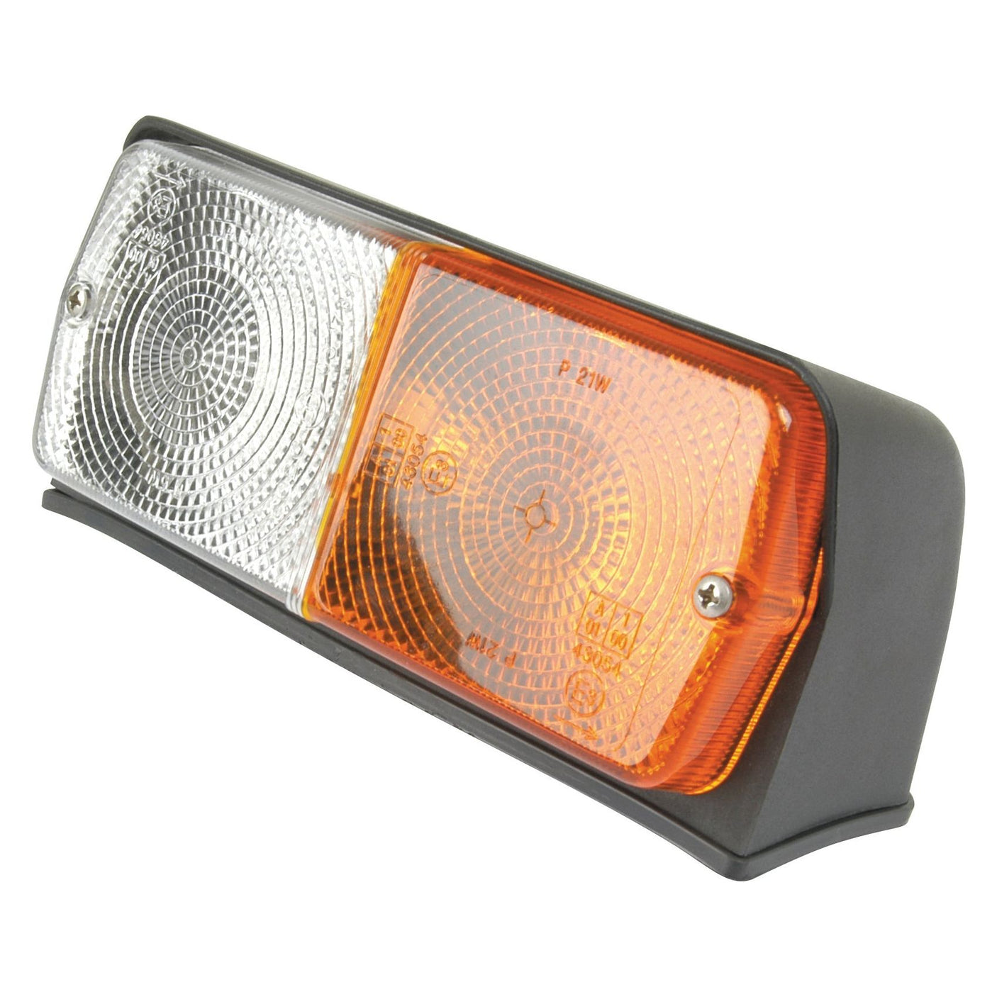 The Sparex Front Combination Light (Halogen), 12V, LH, Straight - S.56378 features a tail light assembly with an amber/clear lens that includes a white reverse light and an orange indicator light, all mounted in a sleek black housing.