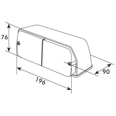 Line drawing of the Sparex Front Combination Light (Halogen), 12V, LH, Straight - S.56378 with dimensions marked: 76mm in height, 90mm in depth, and 196mm in width. The object has two panels, is fixed with screws, and features an Amber/Clear Lens.