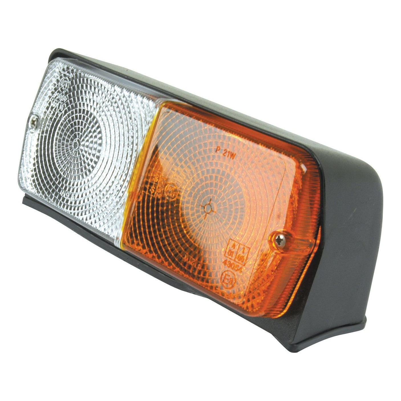 A rectangular vehicle light from Sparex, called the Front Combination Light (Halogen), 12V, RH, Straight - S.56379, featuring a black frame with a clear lens on the left side and an amber halogen light on the right side.