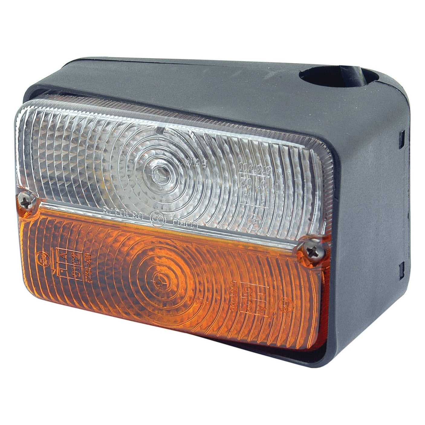 The Sparex Halogen Front Combination Light (LH) - S.56380 is a rectangular vehicle light encased in a black plastic housing, with a white upper section and an orange lower section featuring an amber lens.