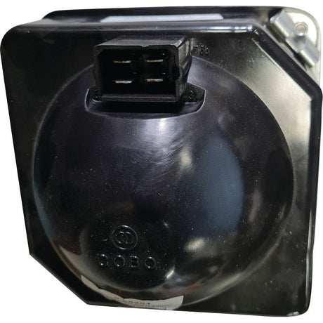 An auto part, specifically a square-shaped work light (halogen), compatible with both RH and LH configurations, operating at 12/24V. It features a round, black vehicle headlight ballast with a connector at the top and bears the markings "BOBO" on the front. Ideal for use as a halogen worklight replacement and part of Sparex accessories, product code S.56384.