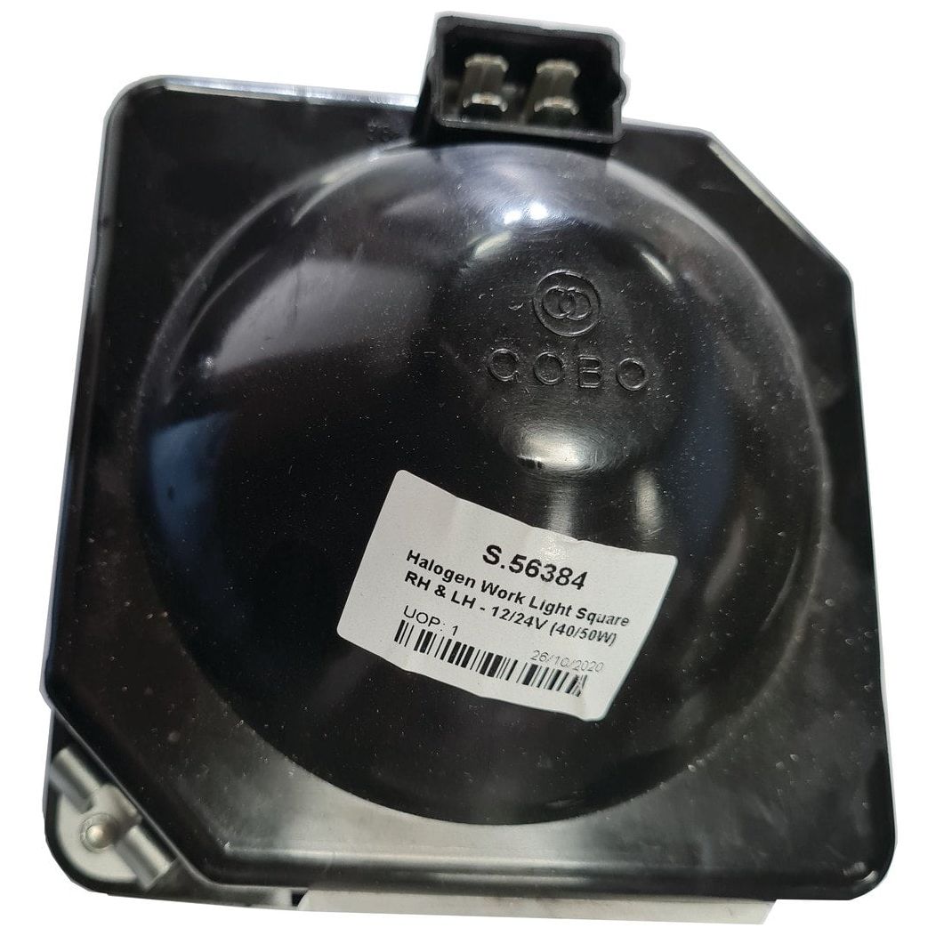 A square halogen work light from Sparex, labeled with part number S.56384, is designed for both RH & LH use and operates at 12/24V with a power of 40/50W.