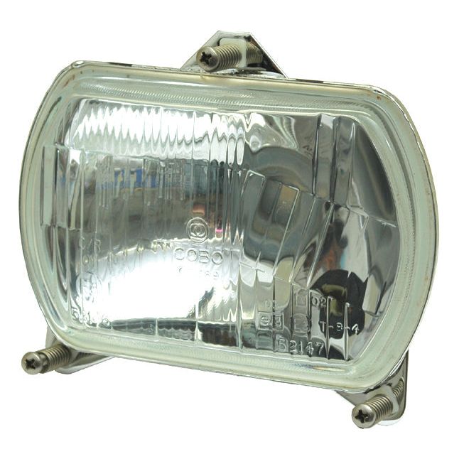 Close-up of a rectangular headlight with a chrome-finished casing and mounting bolts on the sides. The Sparex Head Light, (Halogen), RH & LH, LH Dip, 12V - S.56388 combines durability and style, ensuring optimal performance.