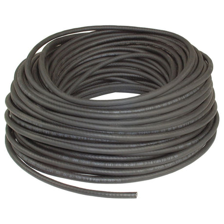 The Oil and Fuel Hose - 5mm x 10.5mm x 1m (Sparex Part No. S.56400) from Sparex is neatly arranged in a coiled, circular shape, showcasing its thick and durable black CR rubber construction.