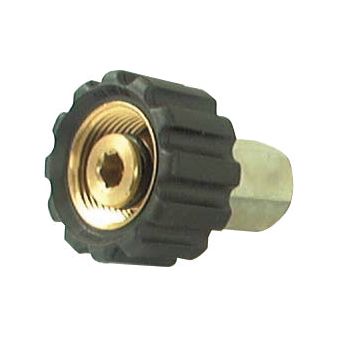 The Sparex Pressure Washer Adaptor, Part No. S.56411, is a gold and black male connector featuring a knurled grip with a metallic cylindrical body and a central hexagonal socket. This M22 knurled thumb nut includes a 1/4'' BSP female thread, making it compatible as a KARCHER fitting.