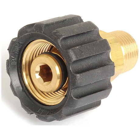 Close-up of a Sparex Pressure Washer Adaptor M22 knurled thumb nut x 3/8''BSP male (Sparex Part No. S.56412) with a black plastic handwheel, compatible with Karcher Pressure washers.