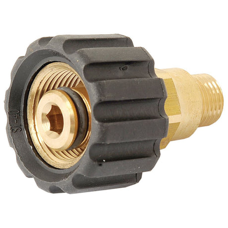 Close-up of a Sparex Pressure Washer Adaptor M22 knurled thumb nut x 1/4''BSP male (Sparex Part No.S.56428) with a brass hose connector and black plastic grip, featuring threaded ends for attachment.