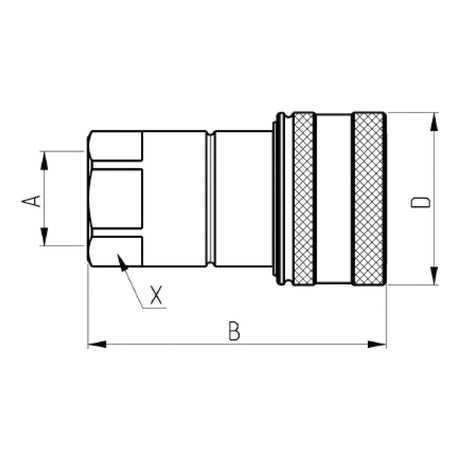 Technical drawing of a Sparex Quick Release Hydraulic Coupling Female 1/2'' Body x 1/2'' BSP Female Thread (Sparex Part No.S.5643) with labeled dimensions A, B, D, and X, featuring a threaded 1/2'' BSP and grooved section.