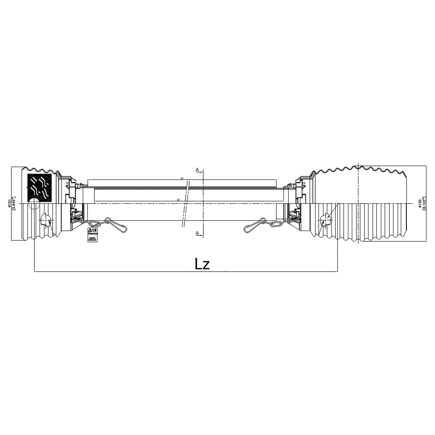 The technical drawing of the mechanical component, labeled as PTO Guard - Easylock from Sparex, features detailed dimensions including a length (Lz) of 1360mm and other smaller annotations. The ends exhibit intricate designs along with Medium Guard connectors and Easylock mechanisms for secure attachment. This product is supplied under Sparex Part No. S.56519.