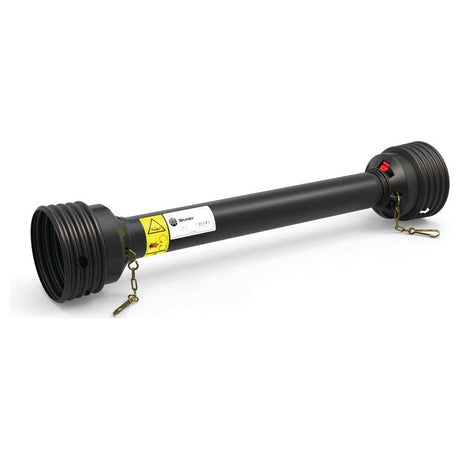 The Sparex PTO Guard - Easylock, with a length of 1010mm and size small, is a cylindrical black pipe featuring threaded ends, yellow warning labels, metal chains, and connectors. This product is designed for industrial or mechanical applications and utilizes the Easylock system. It is supplied under Sparex Part No.S.56601.