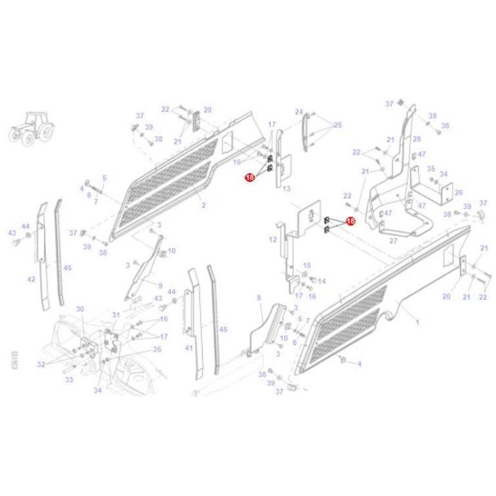 Exploded diagram of a mechanical assembly featuring numbered parts such as panels, bolts, brackets, and screws. A tractor icon is displayed in the top left corner, reminiscent of the Fendt Vario series used in FARMER models. Featured product: AGCO's Fendt - Speed Nut - X435705100000.
