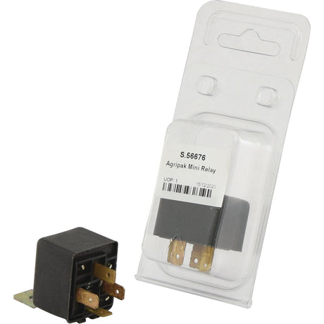 A black mini relay, designed for 12V and capable of handling up to 30 amps, is positioned next to its clear plastic packaging labeled "Sparex Part No. S.56676: Mini Relay (Agripak 1 pc.).