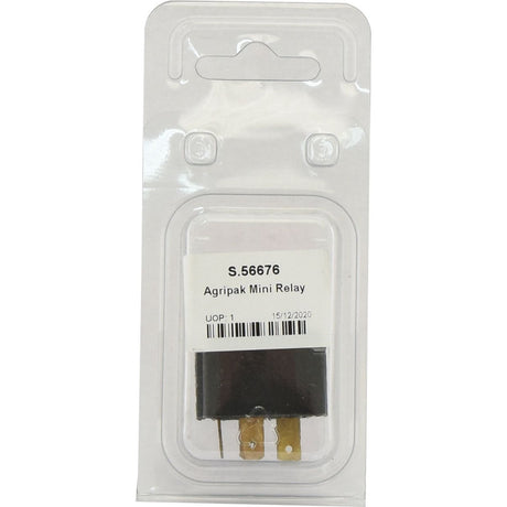 A packaged Mini Relay (Agripak 1 pc.) with product code S.56676 visible on the label. The package is clear plastic with a white label displaying the Sparex brand, product information, barcodes, and specifications such as 30 amps and 12V.