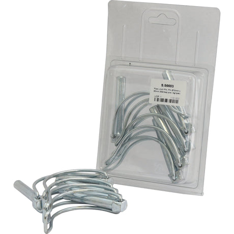 A package of silver metal pin locks from Sparex, featuring several Pipe Linch Pins (Pin Ø10mm x 60mm) displayed in front. The package includes a barcode and product details on a white label for the Sparex Part No.S.56683 (5 pcs. Agripak).