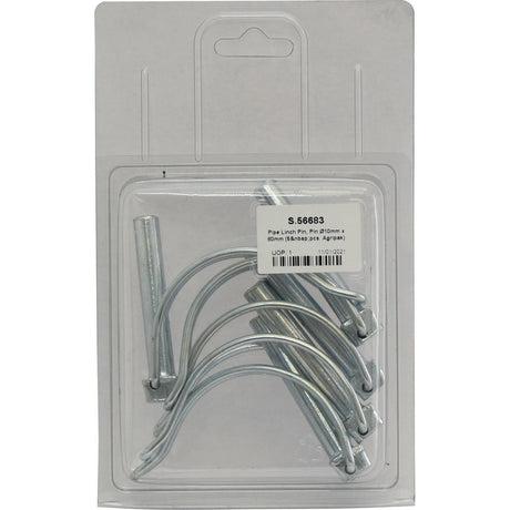 A package of five Sparex pipe linch pins (Pin Ø10mm x 60mm) is displayed in clear plastic packaging. A white label with product information and the barcode for Sparex Part No. S.56683 is affixed to the front.