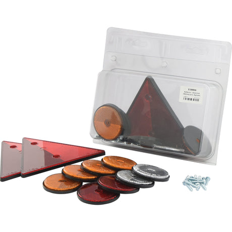 A package of Sparex Reflector - Assorted (10 pcs. Agripak), including red triangles, orange circles, one silver circle, and Sparex screws for attachment.