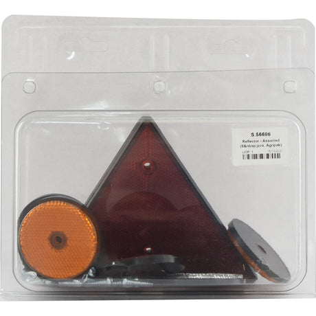 A set of Sparex assorted reflectors, including a red triangular reflector and two round orange reflectors, is encased in clear plastic packaging. This product is known as "Reflector - Assorted (10 pcs. Agripak)," and its Sparex Part No.S.56686.