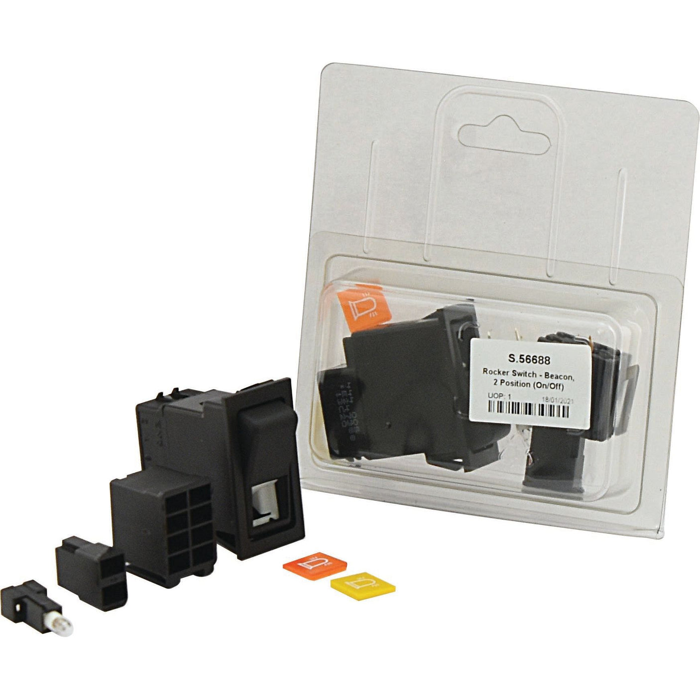 A Rocker Switch - Beacon, 2 Position (On/Off) - S.56688 from Sparex is shown with additional components, including two colored labels, and a labeled packaging in the background. This assembly features a latching switch suitable for 12V DC applications, ensuring reliable performance.