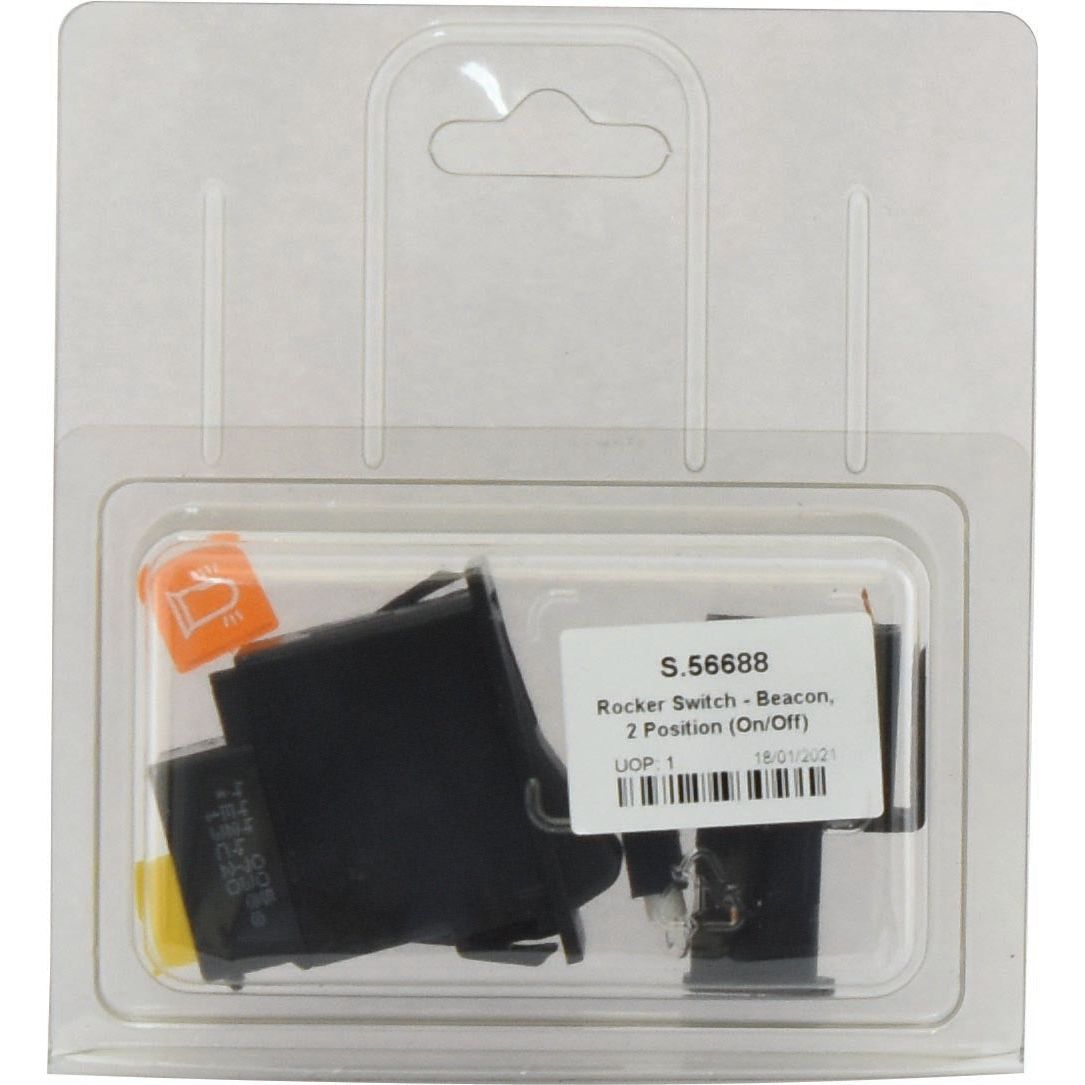 Plastic packaging containing a latching rocker switch labeled "Rocker Switch - Beacon, 2 Position (On/Off) - S.56688" from Sparex, with a date code of 18/01/21, designed for 12V DC applications and rated IP65 for water and dust resistance.