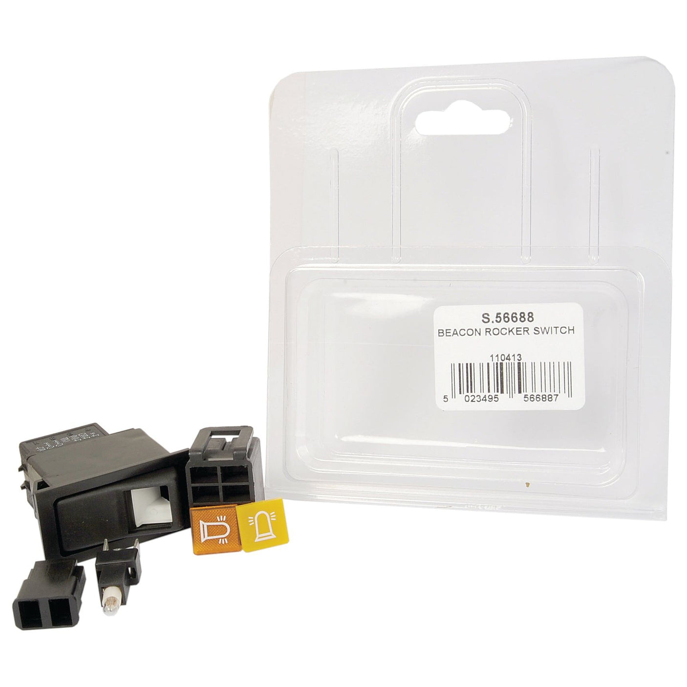 A Sparex Rocker Switch - Beacon, 2 Position (On/Off) - S.56688, IP65-rated for durability, positioned in front of its packaging showcases a barcode and the label "S.56688 Beacon Rocker Switch," suitable for 12V DC applications.