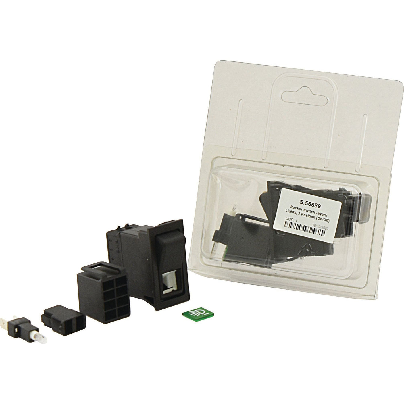 A packaged electrical component kit featuring IP65 connectors and the Sparex Rocker Switch - Work Lights, 2 Position (On/Off) - S.56689, all designed for 12V DC systems, with components neatly arranged next to the packaging.