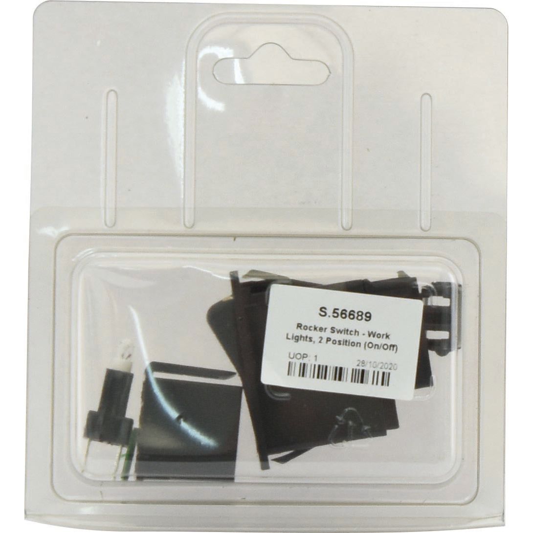 A packaged rocker switch labeled "Sparex Rocker Switch - Work Lights, 2 Position (On/Off) - S.56689" in transparent plastic casing, featuring an IP65 rating for durability.