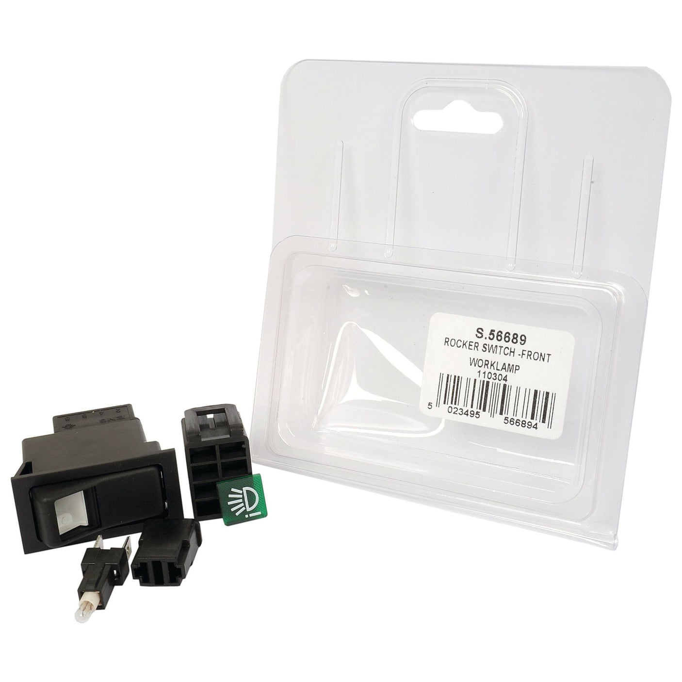 Package containing a Sparex Rocker Switch - Work Lights, 2 Position (On/Off) - S.56689 with various IP65 connector components.