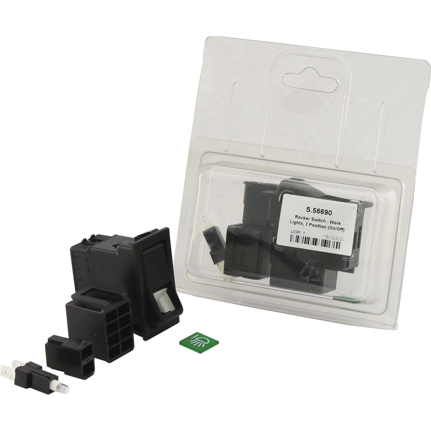 The Rocker Switch - Work Lights, 2 Position (On/Off) (S.56690), by Sparex, is an electronics repair kit that comes in plastic packaging. It features various black components, including a 12V DC latching switch, and includes a visible green circuit board piece.