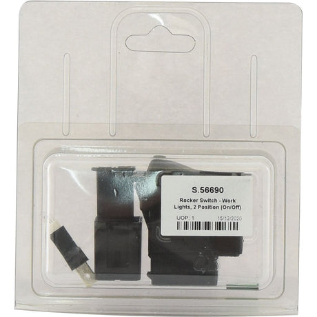 The Sparex Rocker Switch for Work Lights, model number S.56690, is a packaged latching switch with two positions (On/Off) that operates at 12V DC. It includes a small component and is encapsulated in a clear plastic casing.