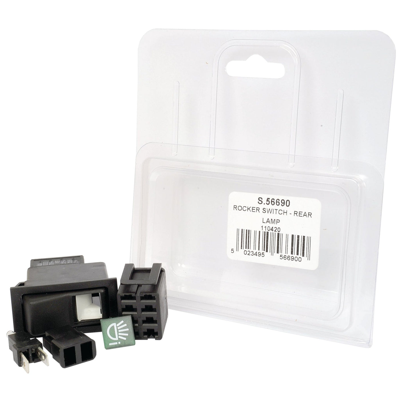 A black rocker switch labeled "Rocker Switch - Work Lights, 2 Position (On/Off) - S.56690" by Sparex, seen next to its transparent packaging, features an IP65 rating for durability.